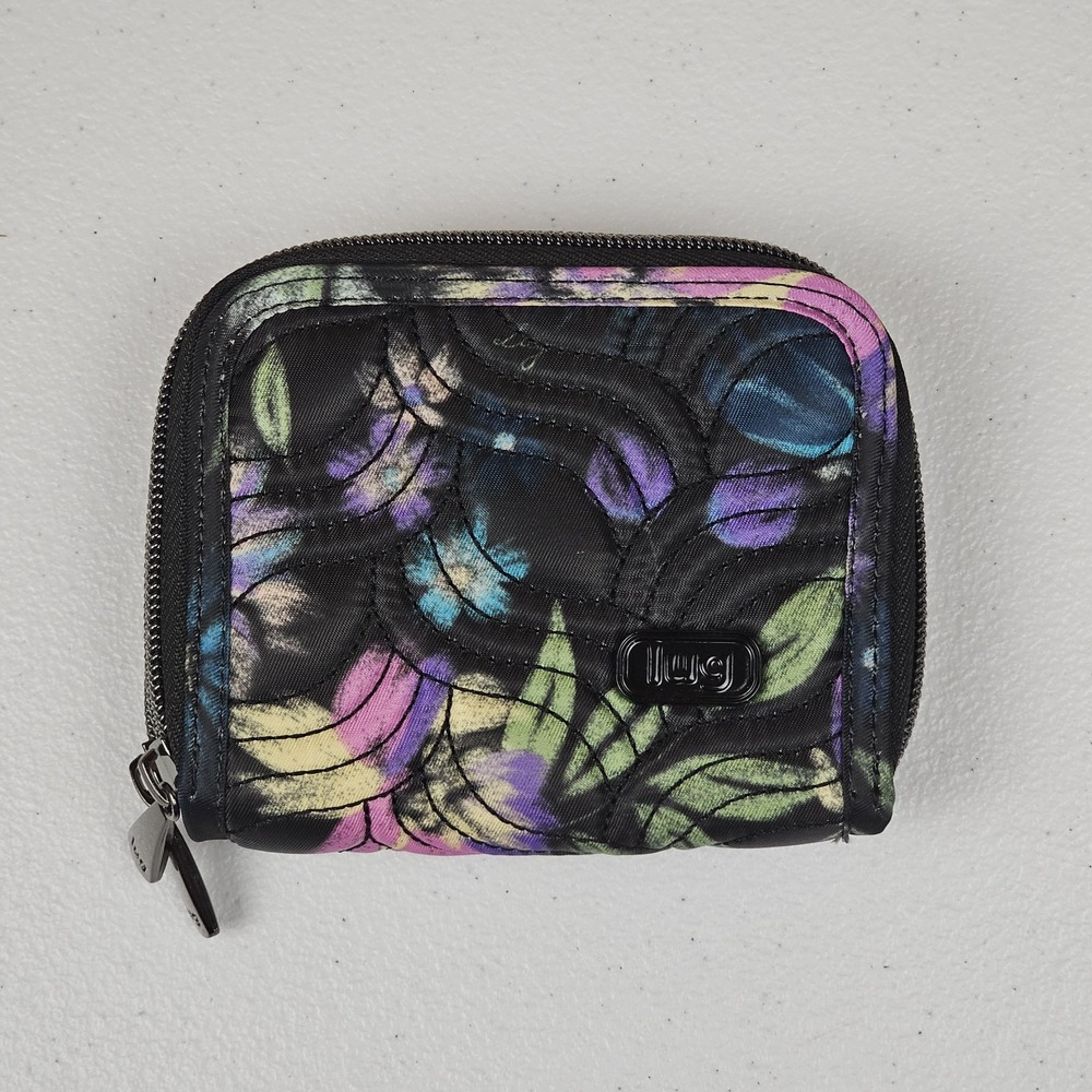 Lug Splits Bloom Black Compact Zip-Around Wallet RFID Quilted EUC